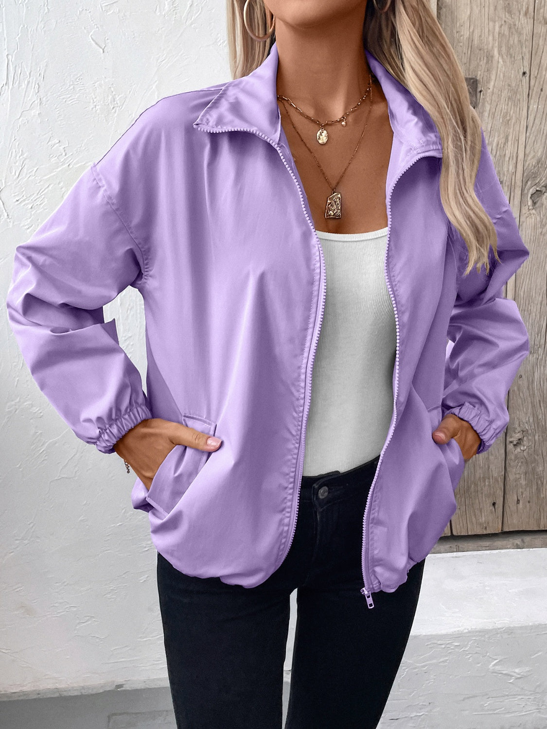 Pocketed Zip Up Long Sleeve Jacket